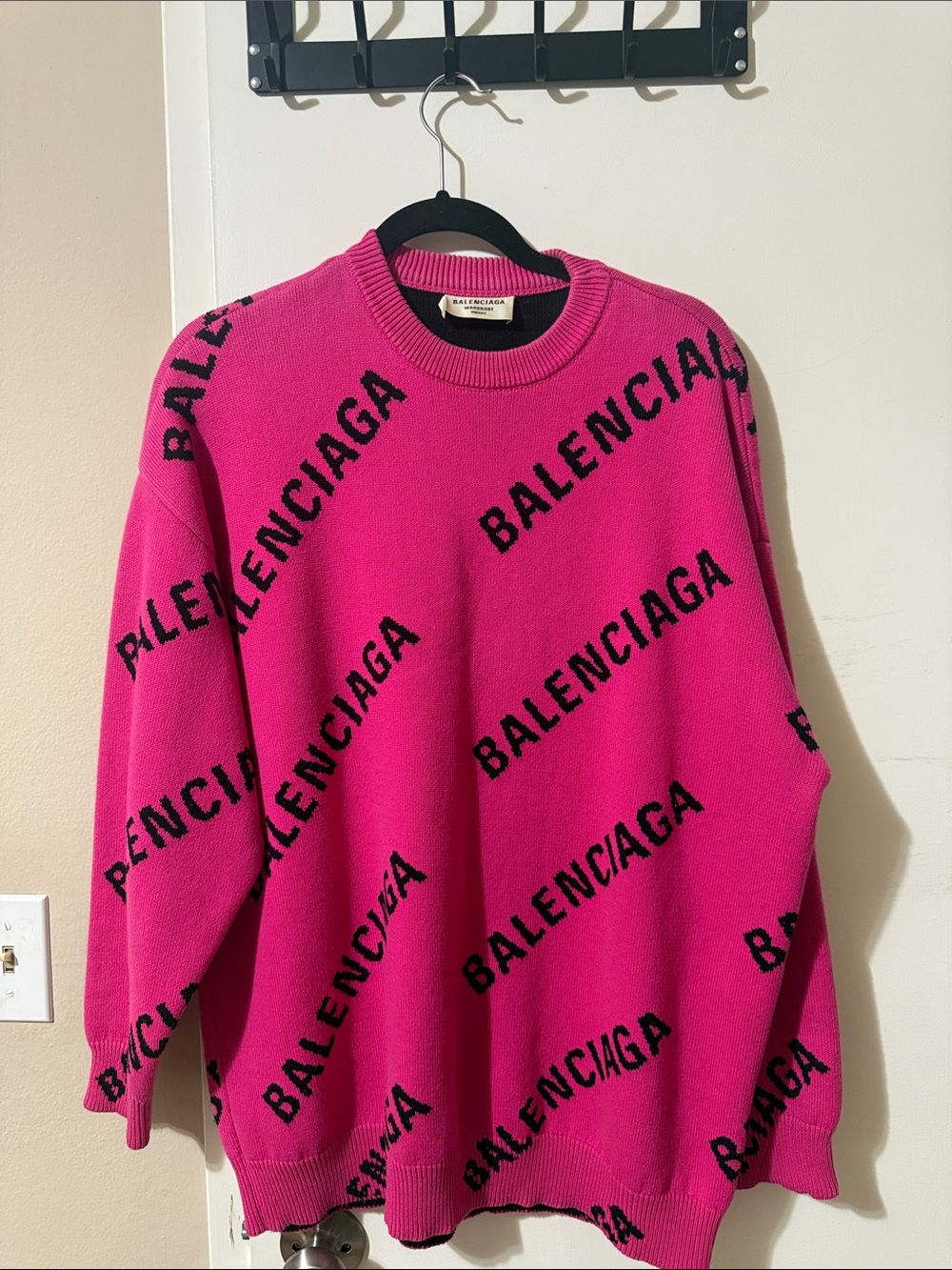 Balenciaga Men's Hot Pink Crewneck with Black Logo Print